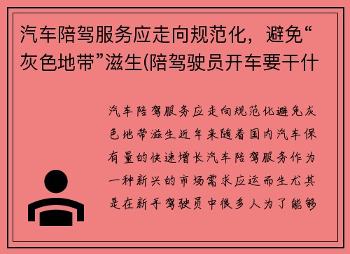 汽车陪驾服务应走向规范化,避免“灰色地带”滋生(陪驾驶员开车要干什么)